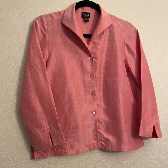 EILEEN FISHER Petite Women's Textured Crinkle 100% Silk 3/4 Sleeve Button Top PP - Picture 6 of 13